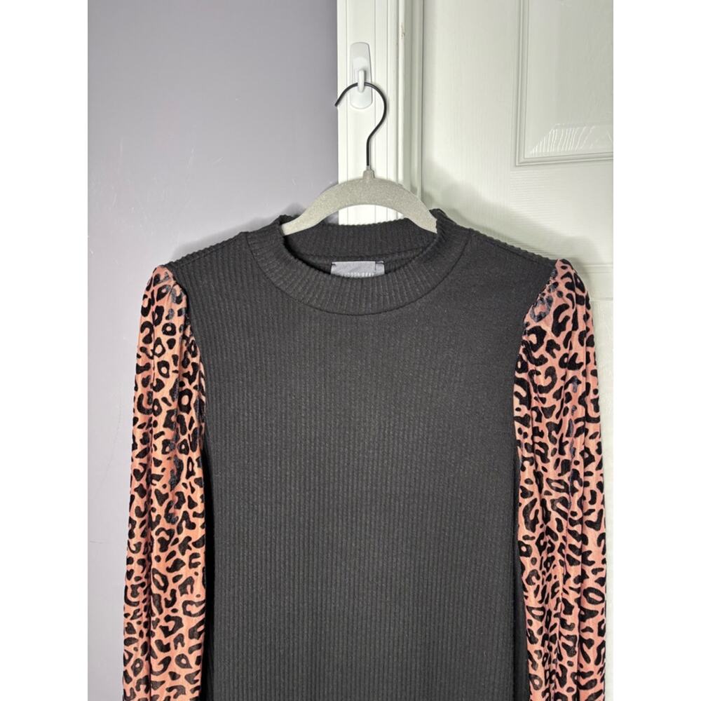 Hudson Gray Black Ribbed High Neck Top Leopard Long Sleeve Small - Picture 2 of 6
